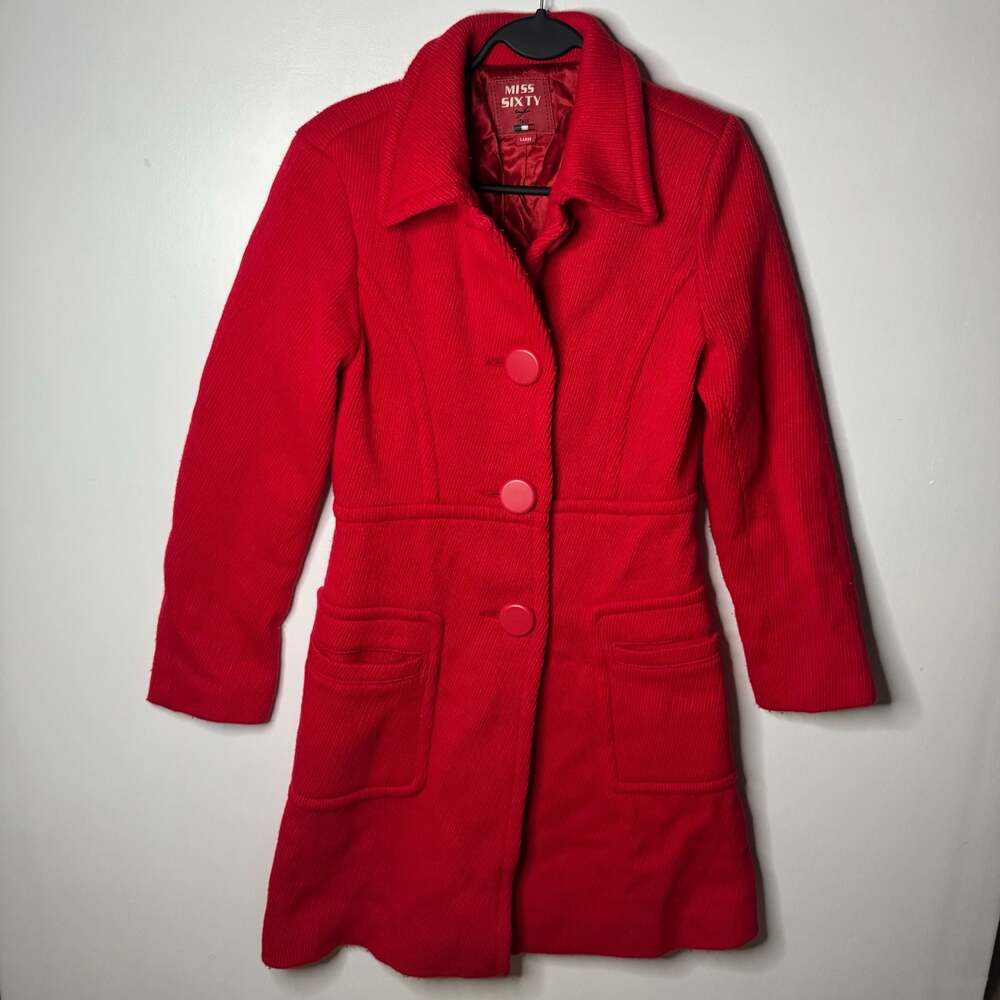 VINTAGE Miss Sixty Red Textured Wool Coat Jacket Y2K 2000s Large
